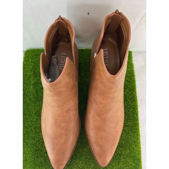 New Lisyiliz Womens Low Heel Ankle Boots Size 9 Cognac Faux Leather Zipper Closu - Picture 4 of 8